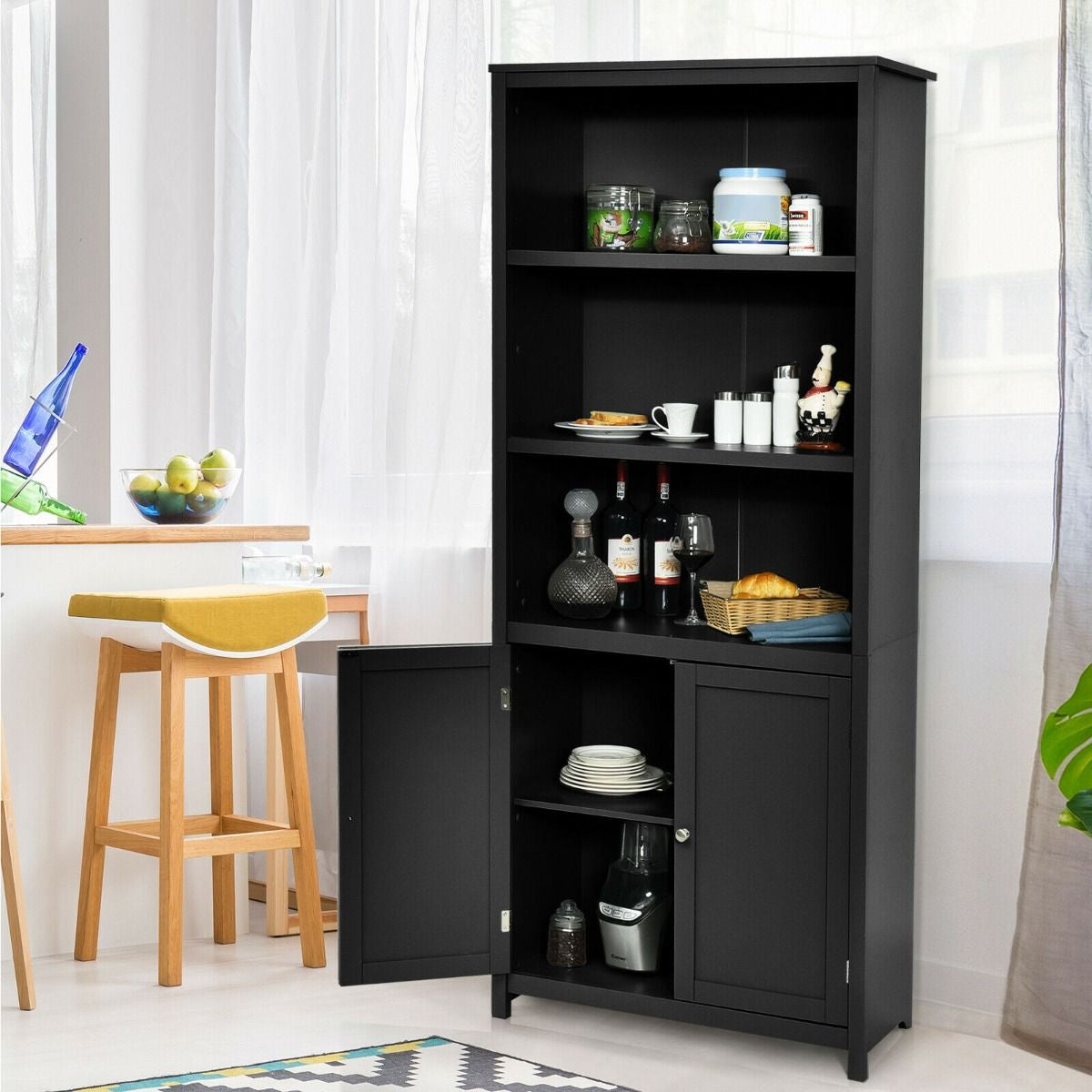 Wooden Tall Bookcase with 3-Tier Storage Cabinet