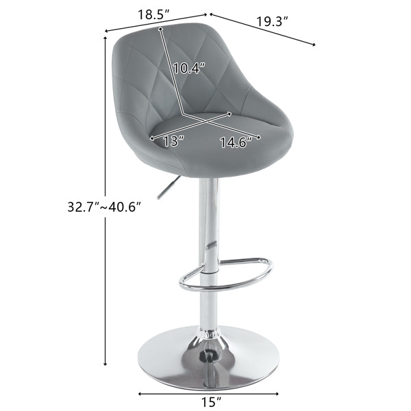 Adjustable PU Leather Counter & Bar Stool Set of 2 – Swivel 360°, Gas‑lift Height, Backrest, Foot‑rest – Grey