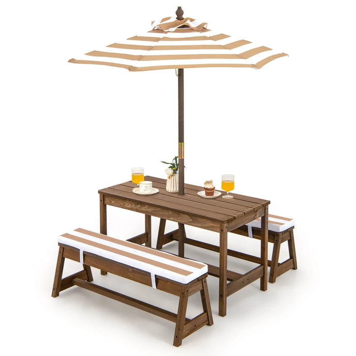 Kids Picnic Table with Cushions & Adjustable Umbrella – Fir Wood Play Table for 4