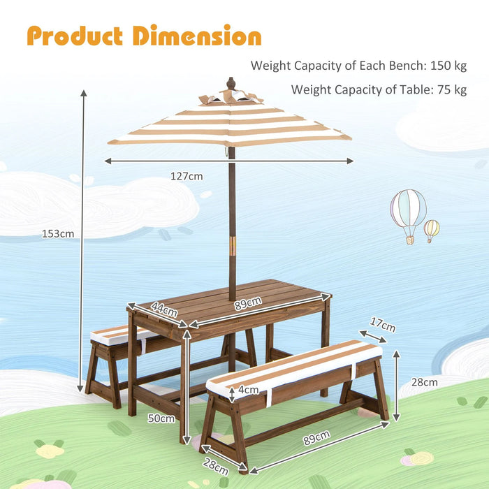 Kids Picnic Table with Cushions & Adjustable Umbrella – Fir Wood Play Table for 4