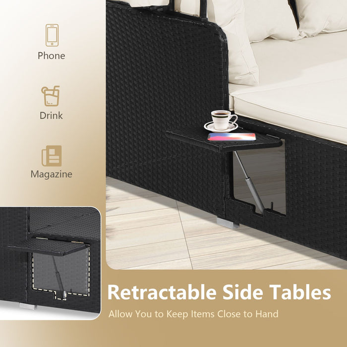 Rattan Daybed with Retractable Canopy, Cushions & Side Trays