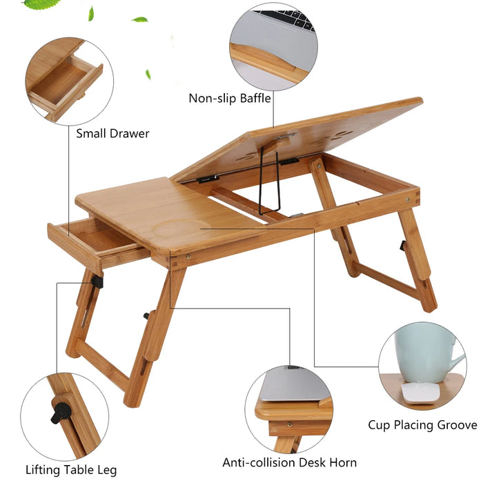 Bamboo Bed Laptop Desk – Adjustable Foldable Lap Desk with Drawer, Cup Holder & Ventilation