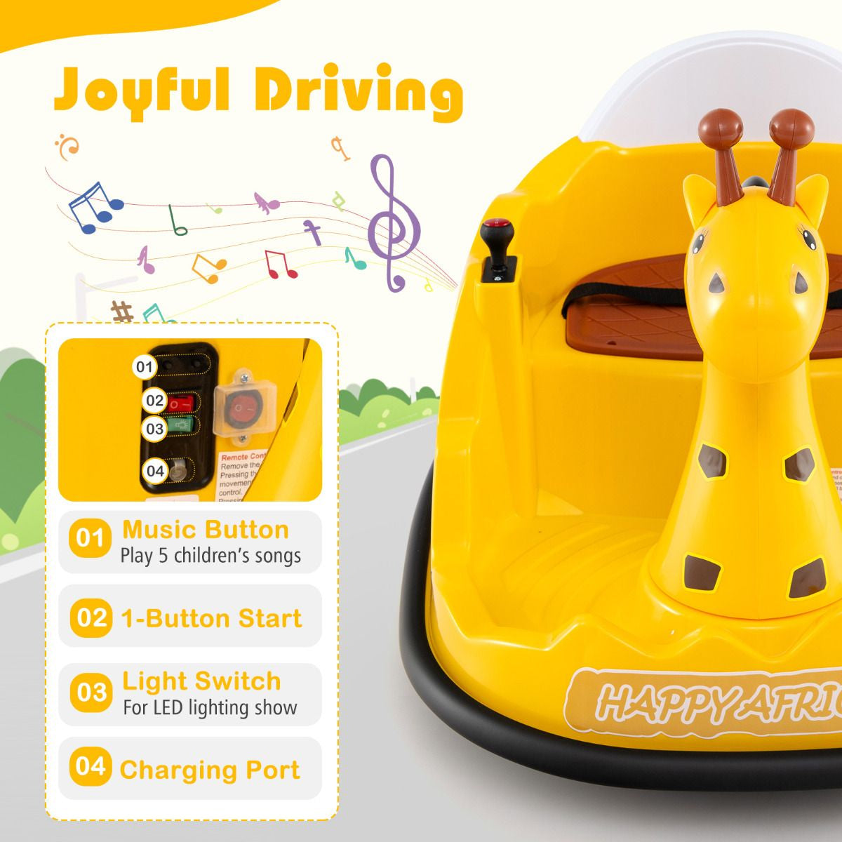 SEDOL 12V Giraffe Series Toddler Bumper Car with 360° Zero-Turn Dual Joysticks Parental Remote Control and Integrated LED Sensory Light Show