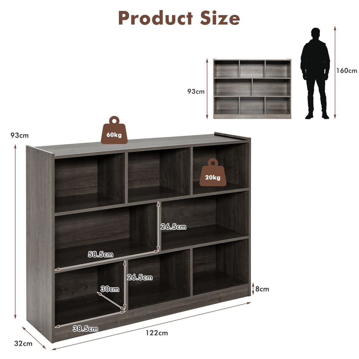 3-Tier Wooden Cube Bookcase with 8 Compartments