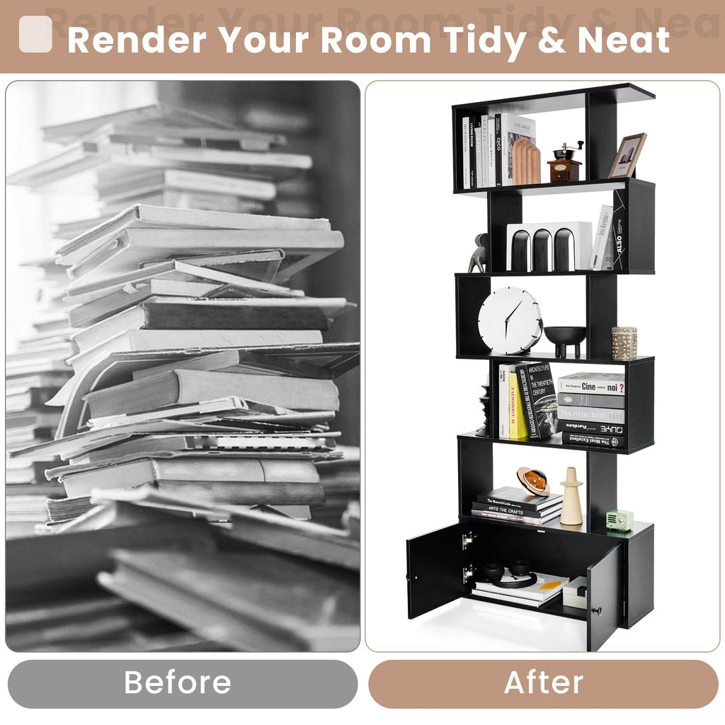 Industrial S-Shaped 5-Tier Bookcase with Cabinet