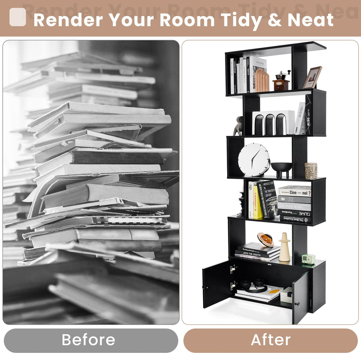 Industrial S-Shaped 5-Tier Bookcase with Cabinet