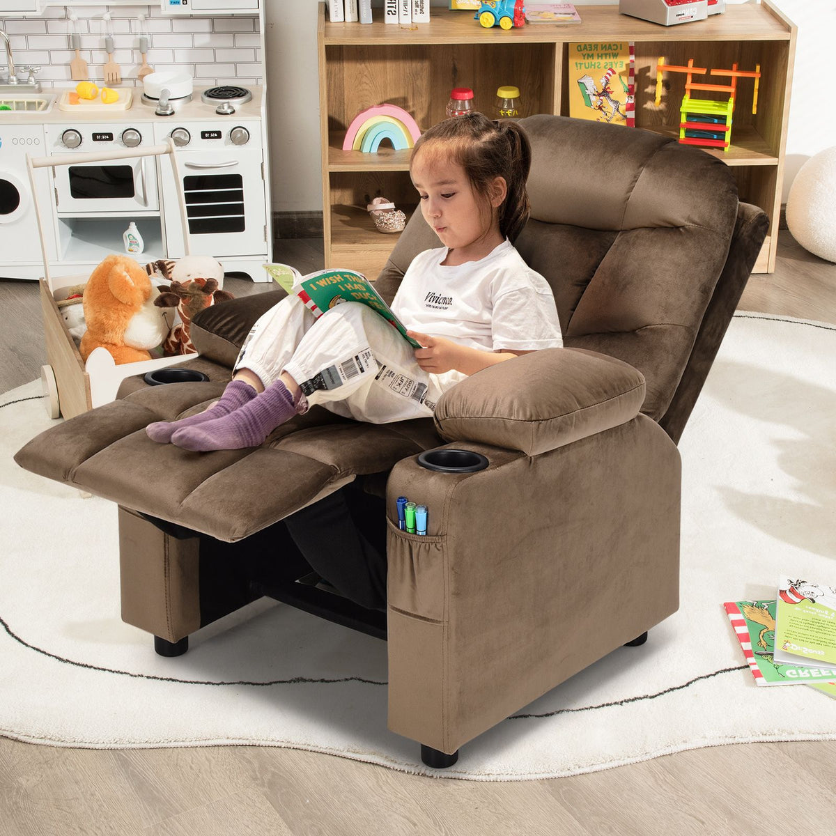 SEDOL Deluxe Larger Kids Recliner Armchair with Dual Cup Holders and Storage Pockets Premium Velvet Children’s Lounge Chair with 130° Adjustable Backrest & Pine Wood Frame