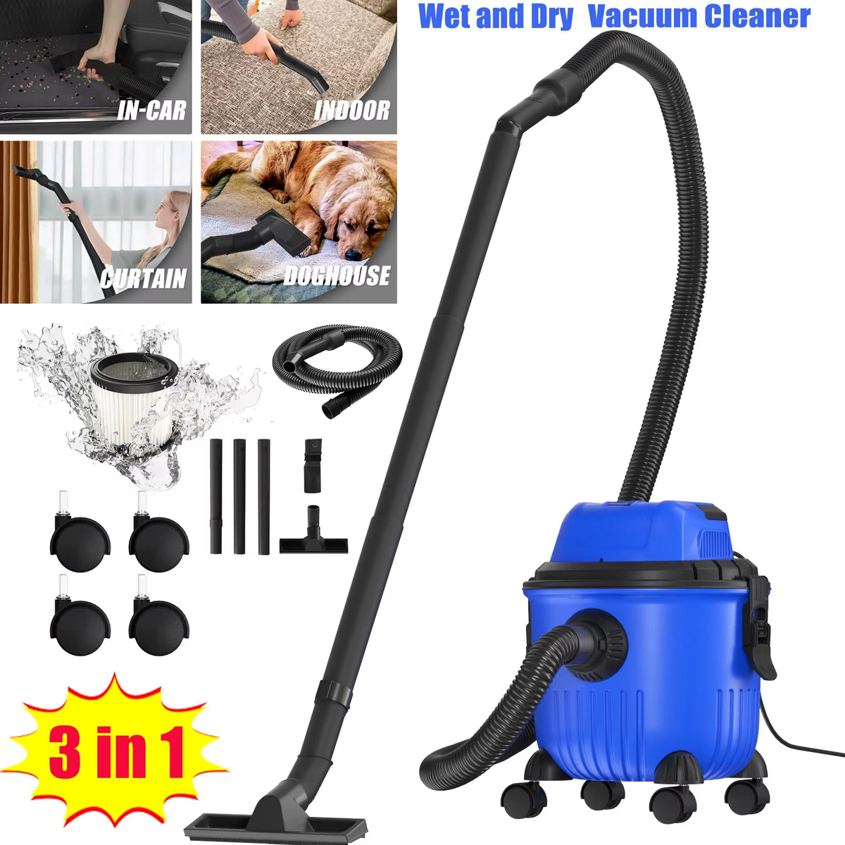 SEDOL 3-in-1 Industrial Wet & Dry Vacuum Cleaner 15L Stainless Steel Cylinder Shop Vac with Blower Function Powerful 3800W HEPA Filter for Home Garage Workshop