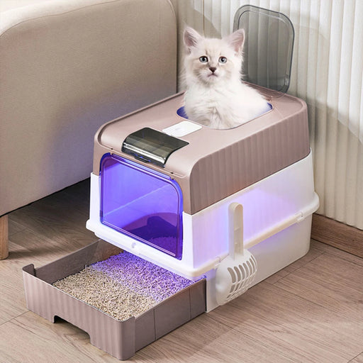 UV Sterilising Cat Litter Box – Fully Enclosed Large Capacity Litter Tray with Top Entry, Front Exit, Drawer Design & Scoop