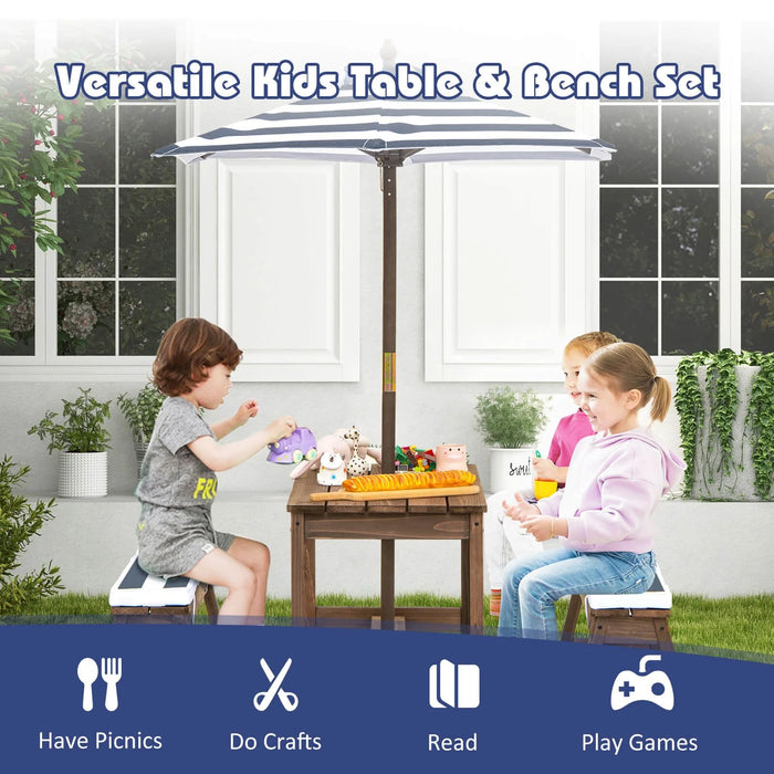 Kids Picnic Table with Cushions & Adjustable Umbrella – Fir Wood Play Table for 4