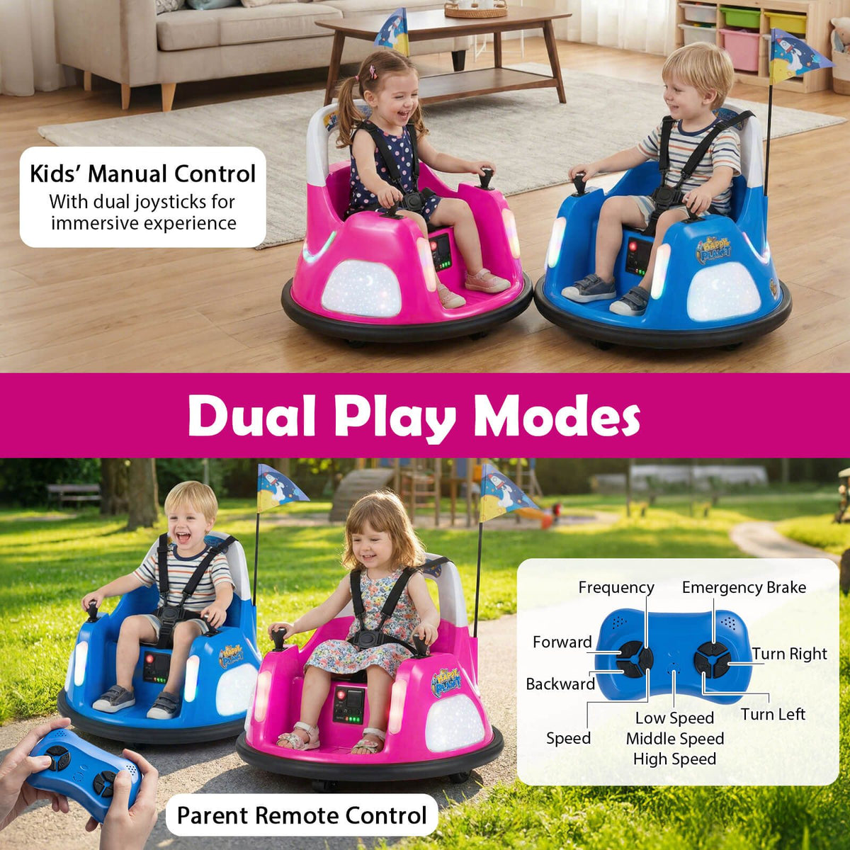 SEDOL 12V High-Performance Kids Bumper Car with 5-Point Safety Harness 360° Zero-Turn Dual Joysticks Parental Remote Control and 5-Mode LED Light Show