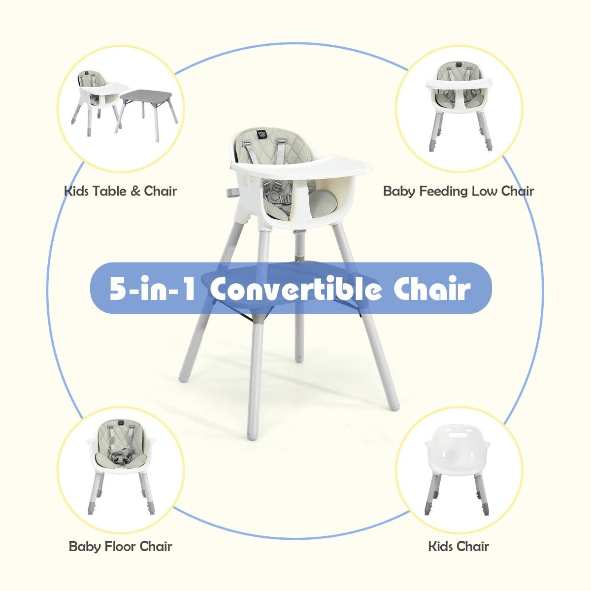 SEDOL 5-in-1 Convertible Baby High Chair & Independent Play Table Set with 5-Point Safety Harness 2-Position Removable Tray and Waterproof Easy-Clean Cushion