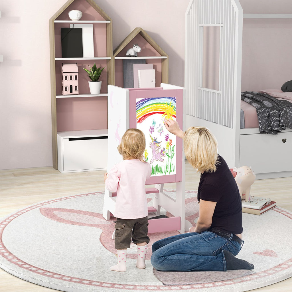 SEDOL 3-in-1 Montessori Learning Tower with Double-Sided Chalkboard & Whiteboard – Height-Adjustable Kitchen Helper Stool with Safety Rails and Anti-Tip Base