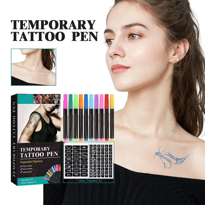 SEDOL Temporary Tattoo Ink Set – 10 Colour Body Art Pens with 2 Stencils, Skin-Safe Plant Pigment Markers for Drawing, Painting & Creative Body Designs