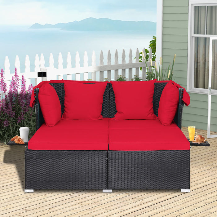 Rattan Daybed with Retractable Canopy, Cushions & Side Trays