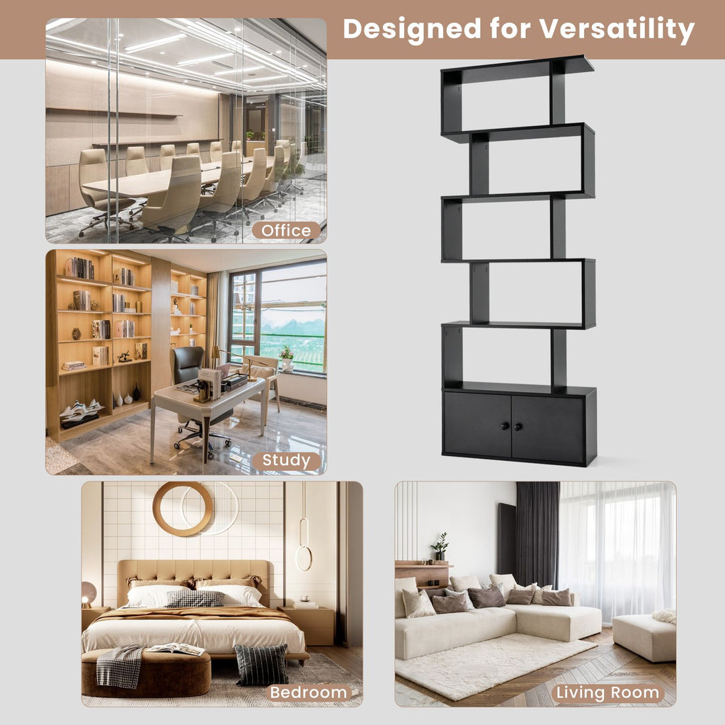 Industrial S-Shaped 5-Tier Bookcase with Cabinet