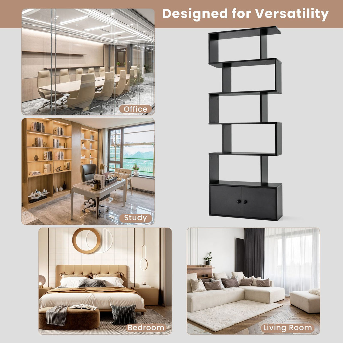 Industrial S-Shaped 5-Tier Bookcase with Cabinet