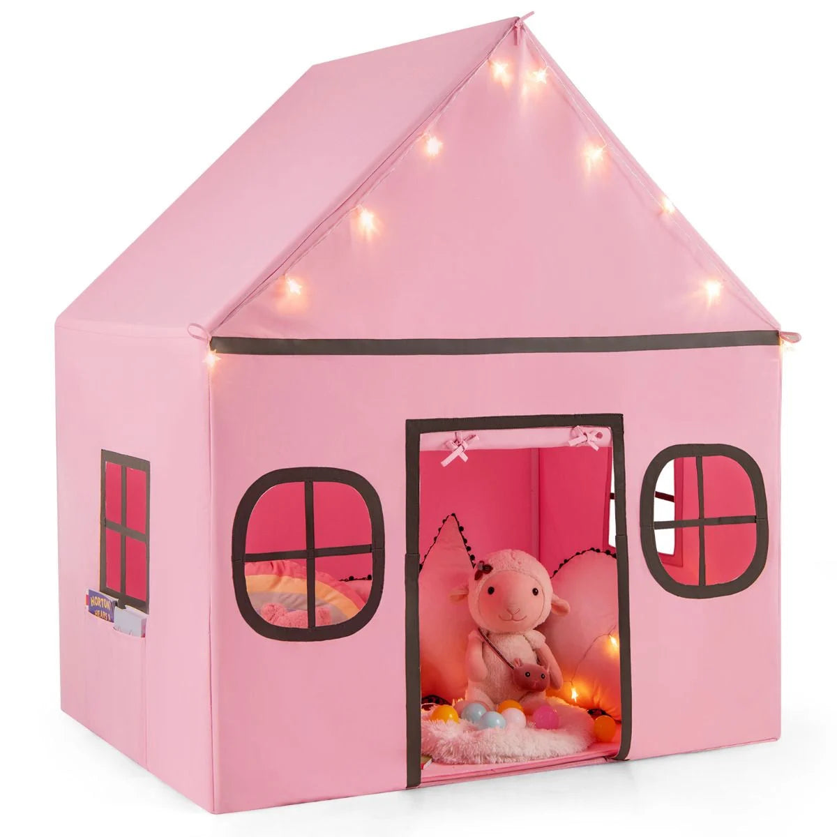 SEDOL Large Indoor Kids Playhouse with Plush Coral Velvet Mat and LED Star Lights Breathable Cotton-Blend Play Tent with Storage Pockets for Reading and Napping