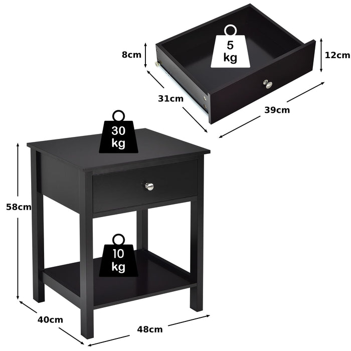 2 Pieces Wooden Nightstand with Drawer and Storage Shelf
