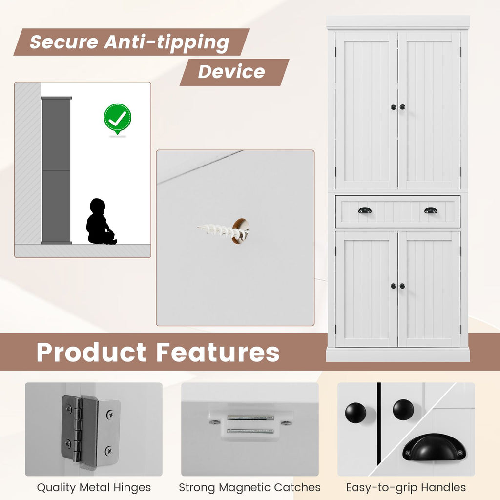 4-Door Tall Kitchen Cupboard Adjustable Shelves and Drawer