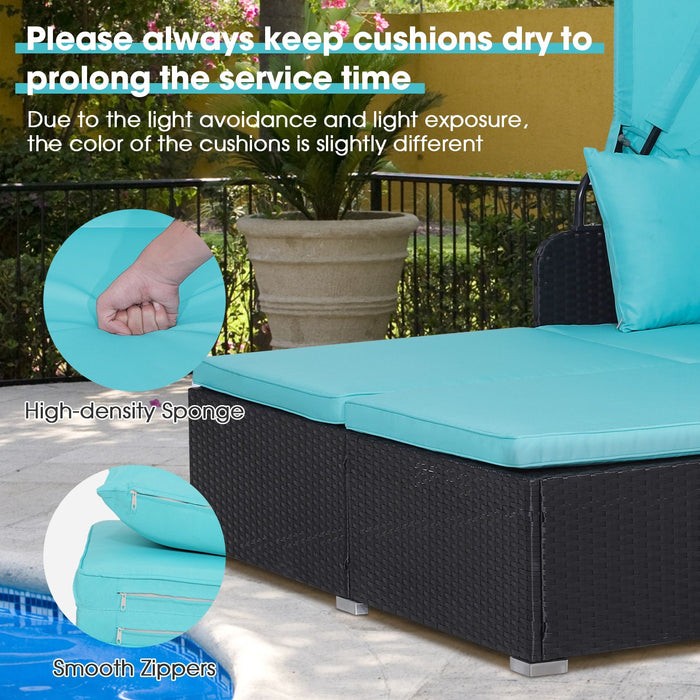 Rattan Daybed with Retractable Canopy, Cushions & Side Trays