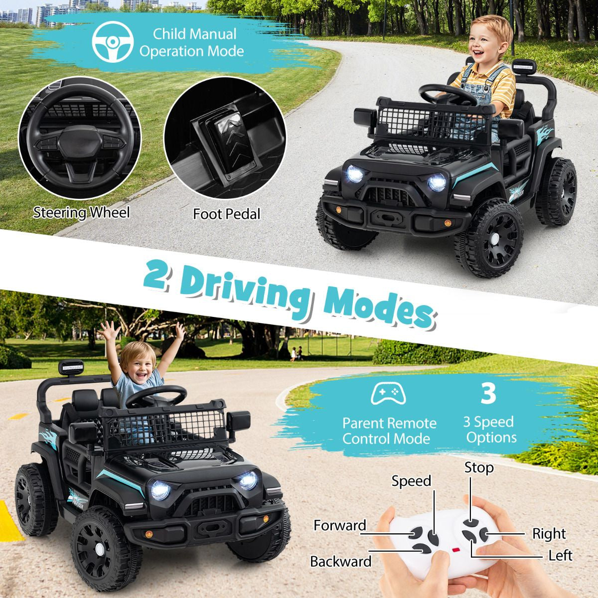 SEDOL 12V Electric Ride-On Truck for Kids with Parental Remote Control Dual 25W Motors All-Terrain Shock Absorbers LED Headlights and Soft-Start Safety System