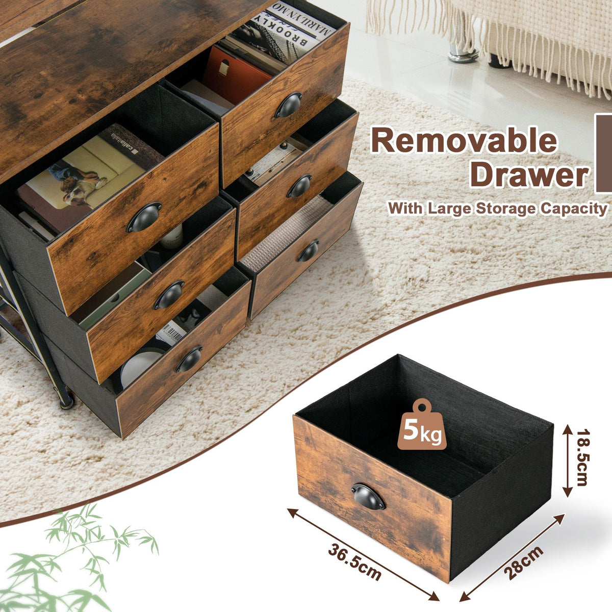2-Tier Dresser with 6 Removable Fabric Drawers and Wooden Top