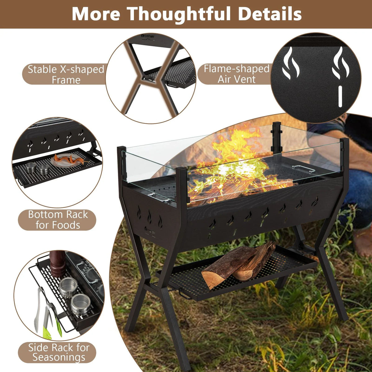 Charcoal Barbecue Grill with Wind Guard & Seasoning Racks