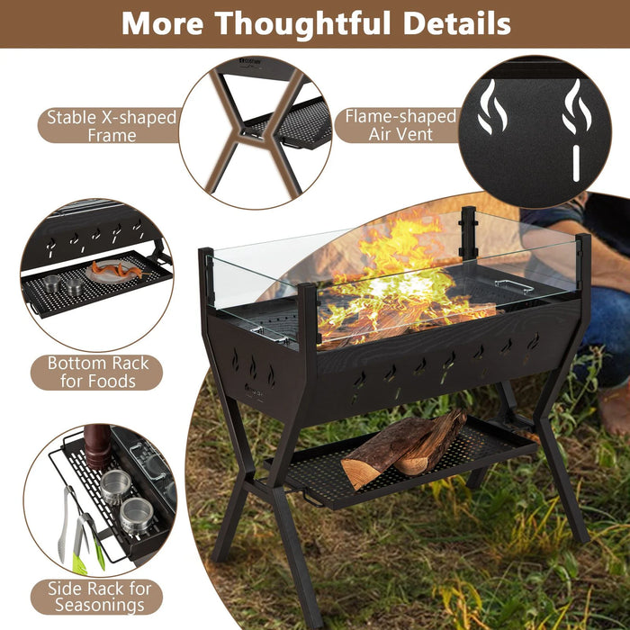 Charcoal Barbecue Grill with Wind Guard & Seasoning Racks