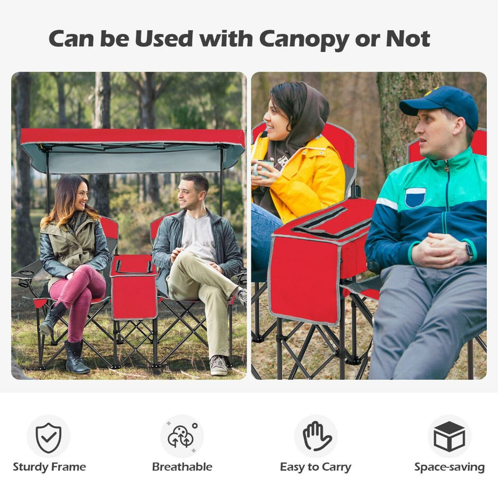 Double Folding Camping Chair with Canopy and Armrests