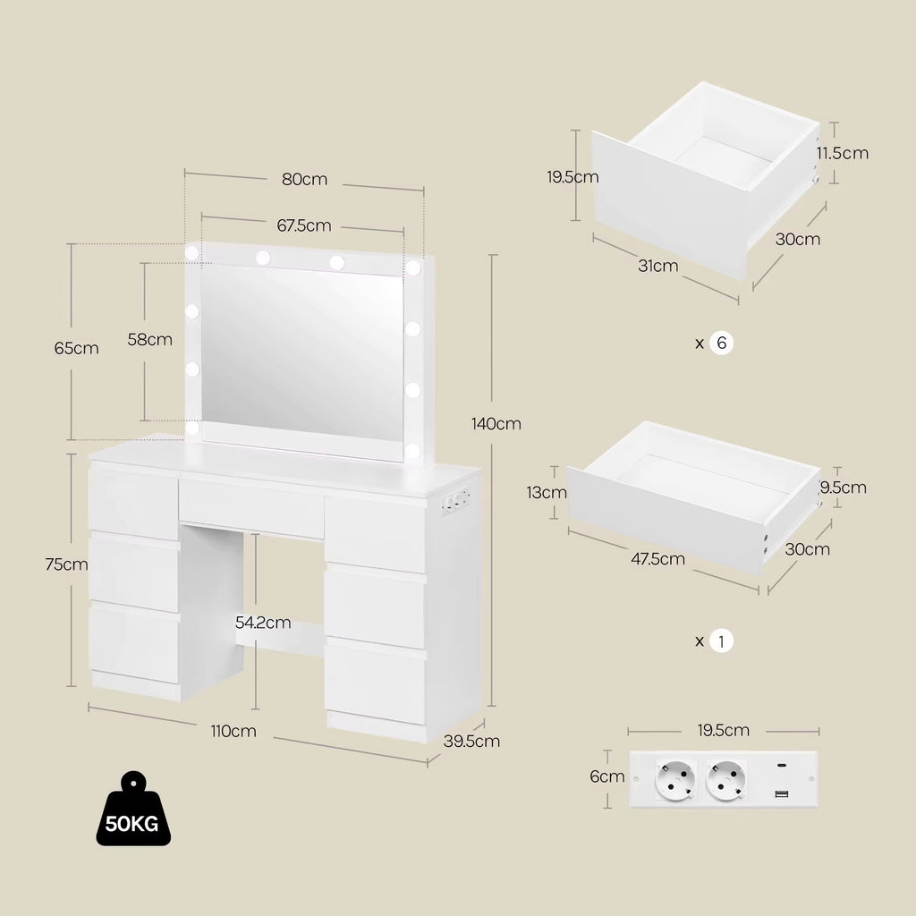 SEDOL Dressing Table with Large LED Mirror and 7 Drawers Modern Vanity Desk with Built-in Charging Station USB Ports Makeup Table for Bedroom White Finish