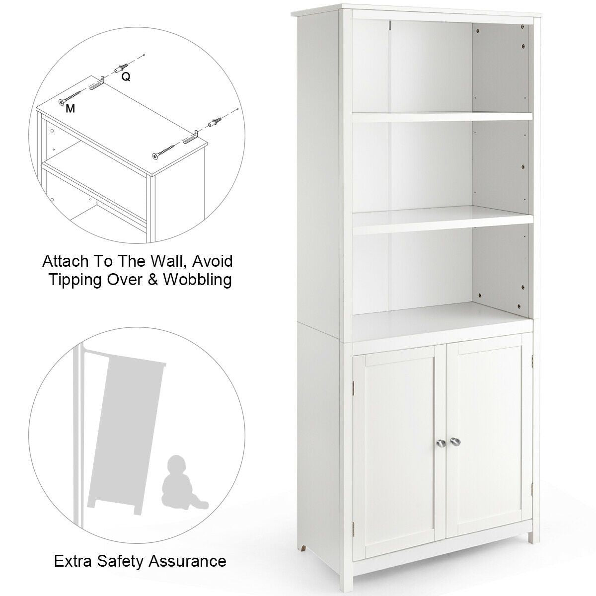 Wooden Tall Bookcase with 3-Tier Storage Cabinet
