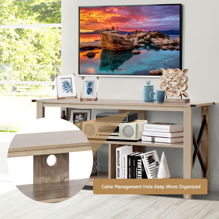 3-Tier Rustic TV Stand with Open Shelves and Cable Management