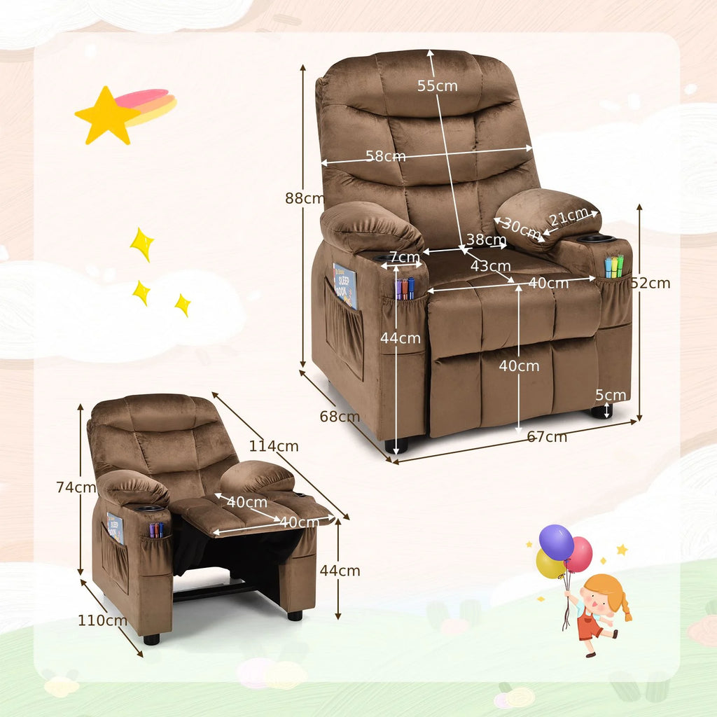 SEDOL Deluxe Larger Kids Recliner Armchair with Dual Cup Holders and Storage Pockets Premium Velvet Children’s Lounge Chair with 130° Adjustable Backrest & Pine Wood Frame