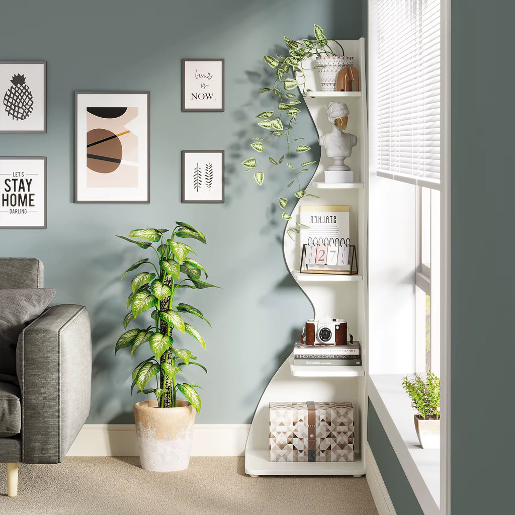 SEDOL Corner Shelf 5-Tier Modern Wall Bookshelf Stylish Tall Corner Storage Rack Small White Bookcase Plant Stand for Living Room Bedroom Office Space Saving