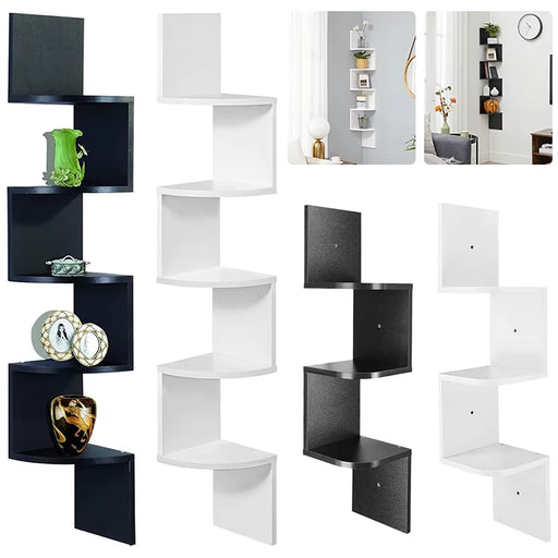 SEDOL Floating Corner Shelf Modern 3 and 5 Tier Wall Mounted Bookshelf Wooden Zigzag Storage Organizer for Bedroom Living Room Kitchen Display Wall Decor