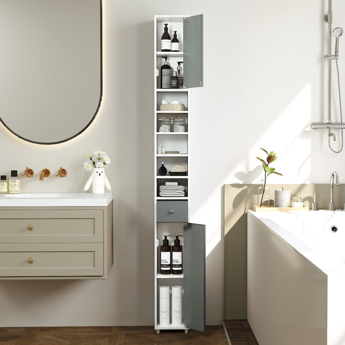 180CM Tall Freestanding Bathroom Cabinet with 2 Doors and 1 Drawer