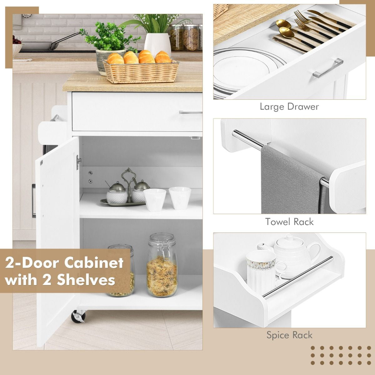 Rolling Kitchen Storage Trolley with Adjustable Shelf and Drawer
