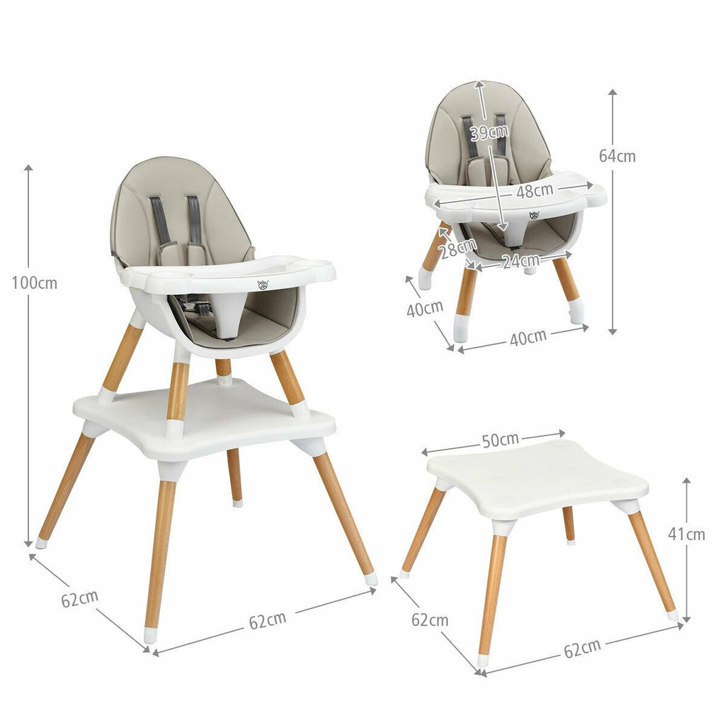 SEDOL 4-in-1 Mid-Century Modern Baby High Chair & Integrated Play Table Set with Solid Beech Legs 5-Point Safety Harness and Adjustable 4-Position Tray