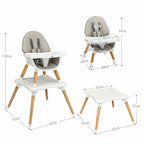 SEDOL 4-in-1 Mid-Century Modern Baby High Chair & Integrated Play Table Set with Solid Beech Legs 5-Point Safety Harness and Adjustable 4-Position Tray