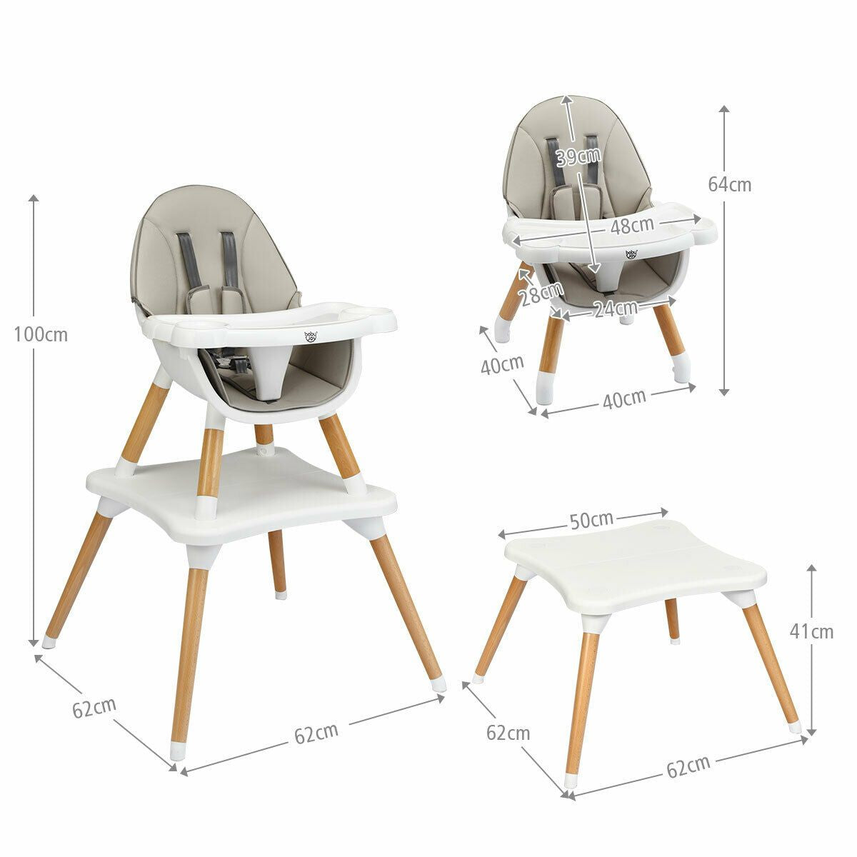 SEDOL 4-in-1 Mid-Century Modern Baby High Chair & Integrated Play Table Set with Solid Beech Legs 5-Point Safety Harness and Adjustable 4-Position Tray