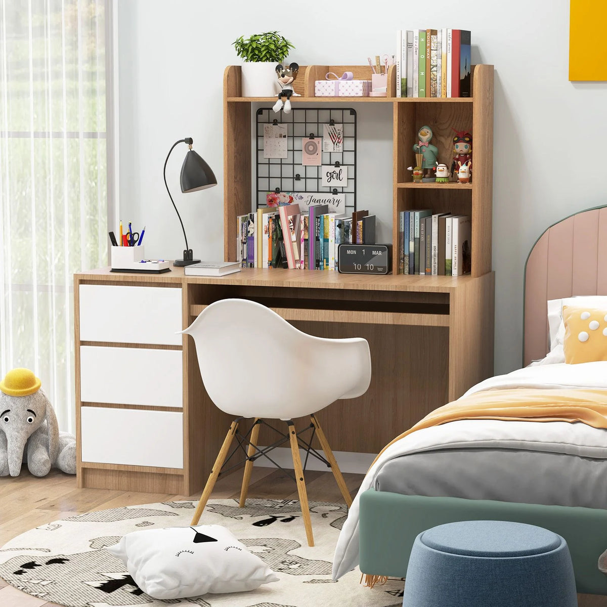 Wooden Desk Bookshelf with 4 Shelves and Open Back Compartment