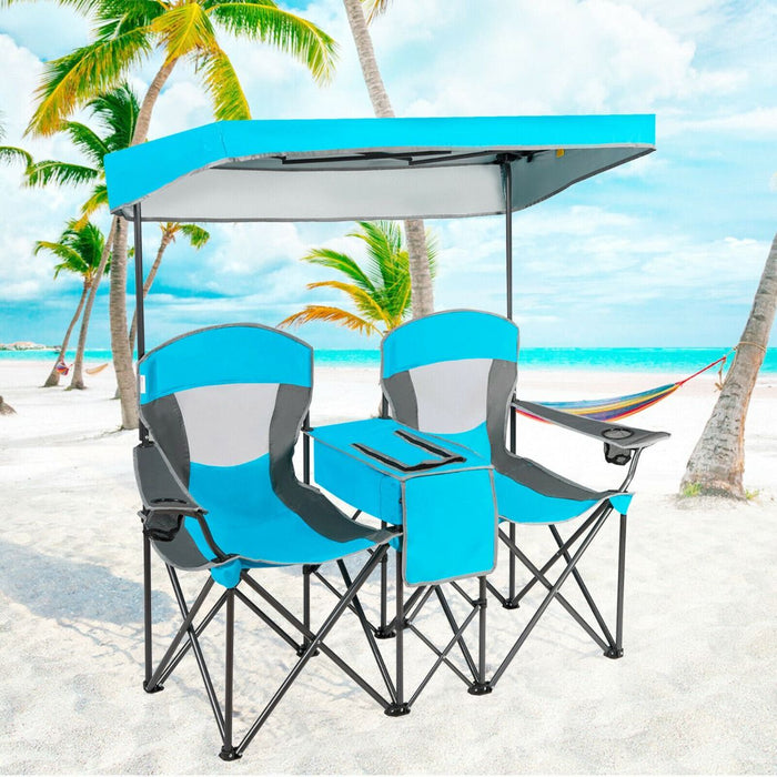 Double Folding Camping Chair with Canopy and Armrests