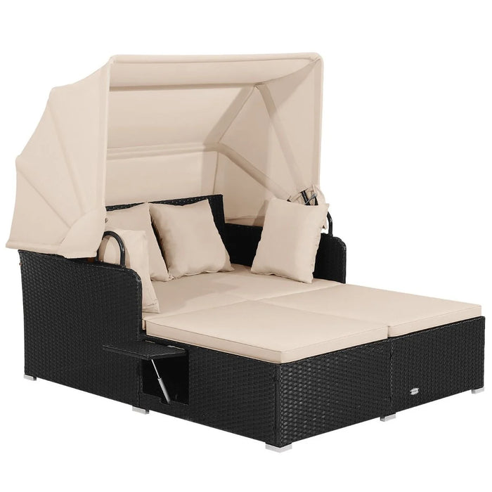 Rattan Daybed with Retractable Canopy, Cushions & Side Trays