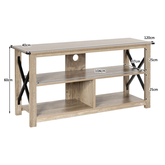 3-Tier Rustic TV Stand with Open Shelves and Cable Management