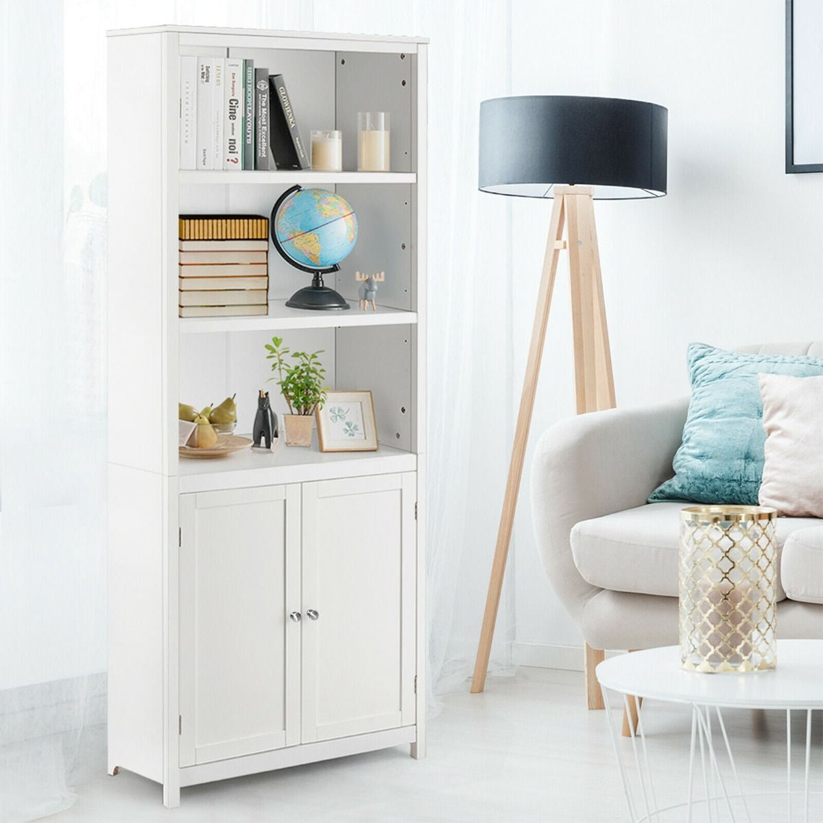 Wooden Tall Bookcase with 3-Tier Storage Cabinet