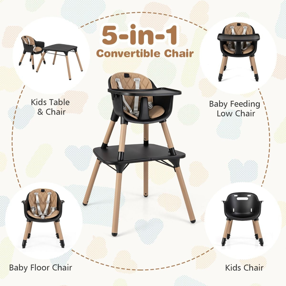 SEDOL 5-in-1 Convertible Baby High Chair & Independent Play Table Set with 5-Point Safety Harness 2-Position Removable Tray and Waterproof Easy-Clean Cushion