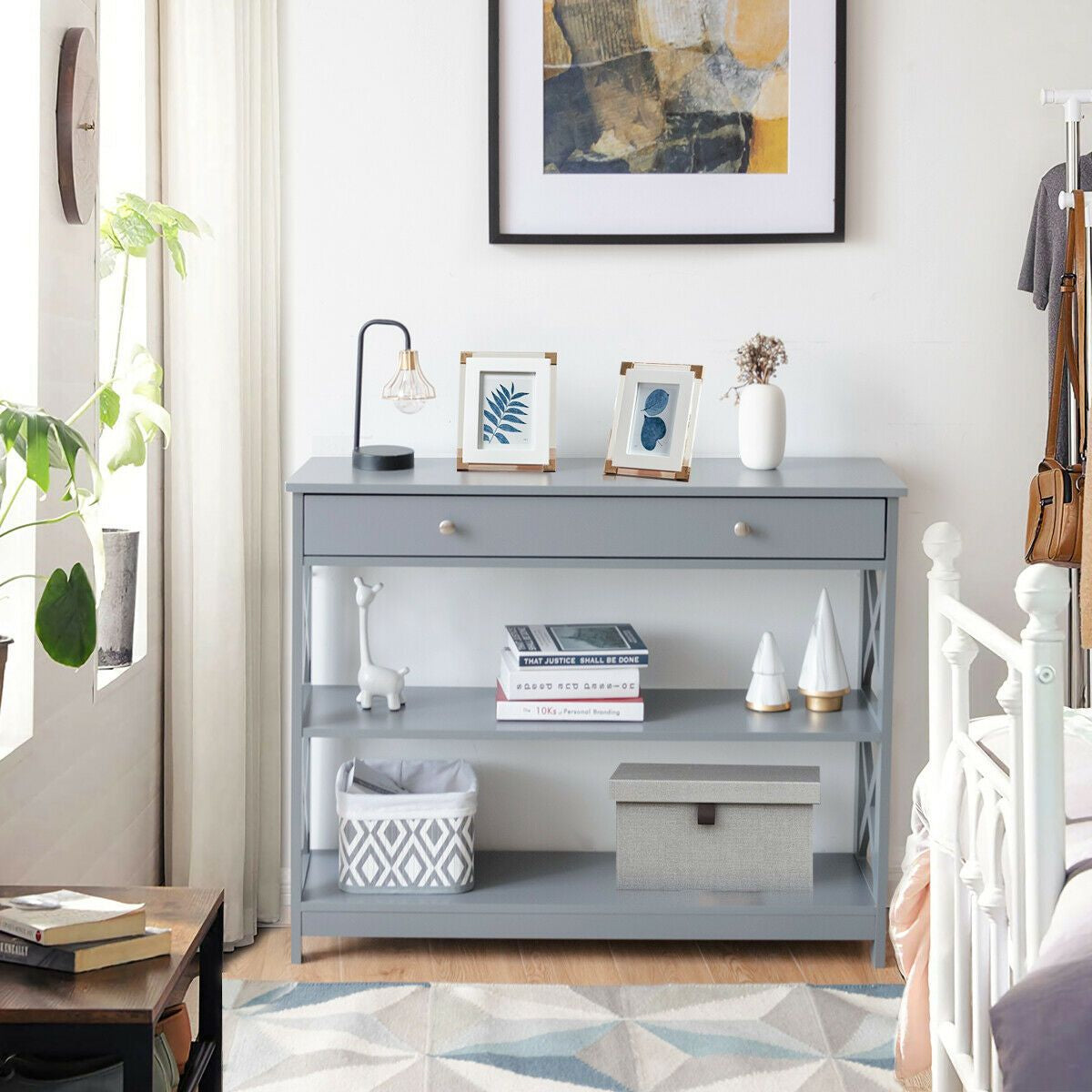3-Tier Console Table with 1 Drawer and 2 Storage Shelves