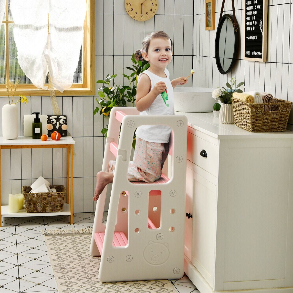 SEDOL 2-in-1 Convertible Toddler Learning Tower & High-Step Stool 3-Level Adjustable Height Kitchen Helper with Double Safety Rails and Anti-Slip EVA Pads – 65kg Capacity
