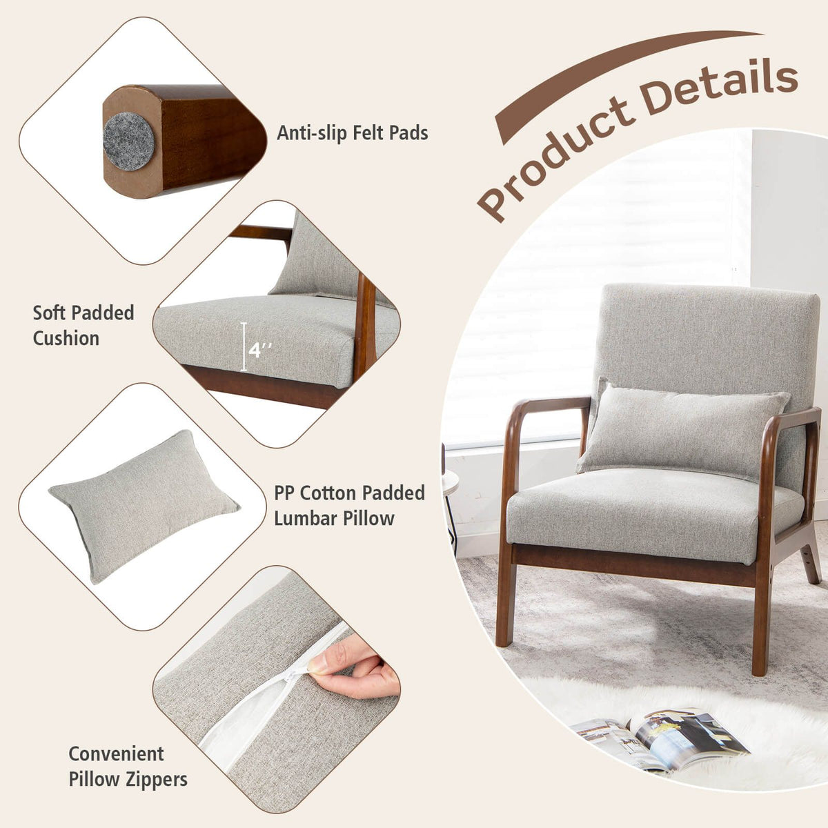 Modern Accent Chair with Lumbar Pillow and Rubber Wood Frame